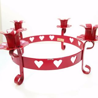 Vintage Candle Holder Red East German Metal Flower Hearts Holiday Christmas
