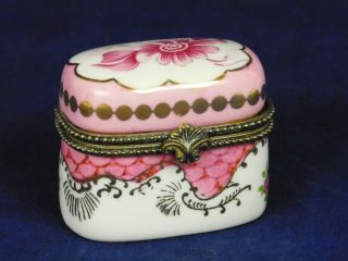 Vintage White Porcelain Hand Painted Pink Gold Floral Trinket Box Flowers Hinged