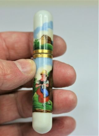 Glass Painted Needle Bodkin Sewing Case Etui,  3.  5 In Tall,  Good Cond. ,