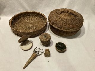Antique Native Sweet Grass Woven Sewing Basket Pincushion Thimble Set