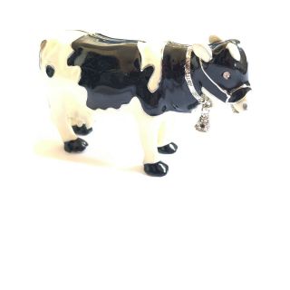 Vintage Bejeweled Cow Trinket Box Enamel Black & White Cow Hinged Cowbell