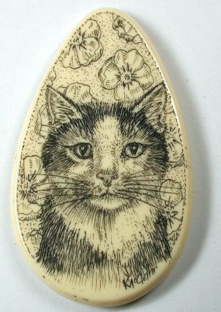 Artisan Scrimshaw Button Etched & Inked Cute Cat On Tear Drop Shape 1 & 1/2 "