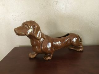 Vtg Midcentury 16 " Brown Ceramic Dachshund Planter Doxie Wiener Dog Sleepy Large