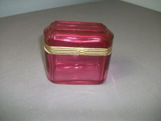 Vintage Trinket Box W/ Hinged Lid - Ruby Glass W/ Gold Metal - 4 1/4 " T - J Jr