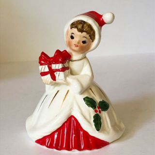 Vintage Josef Originals Christmas Bell Girl W/ Present Ceramic Figurine Japan