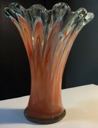 Art Deco Hand Blown Glass Bud Vase Orange Flame Amber White