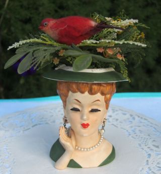 Vintage Lady Head Vase Planter Japan Hand Up Flower Shaped Lobes Hat Petite 5 "