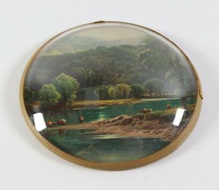 Antique 3.  5 " Miniature Convex Scenic Cattle River Lake Bubble Glass Picture