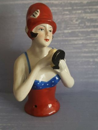 Art Deco Style " Flapper Lady With Compact " Half Pin Cushion Doll
