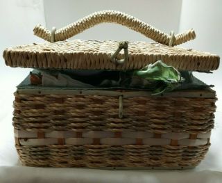 Vintage Woven Wicker Sewing Basket Satin Trim Handle Full Of Hankies Japan