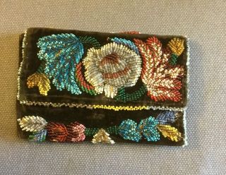 Antique Victorian Beaded Velvet Sewing Needle Case Floral Design 19thc