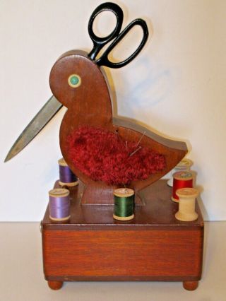 Vintage Large Wooden Sewing Bird Box Scissors Drawer Thread Pegs Pin Cushion