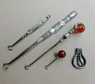 5 Antique Button Hooks - 1 Claw 1 Carnelian 1 Hook,  Corkscrew 2 Advertising