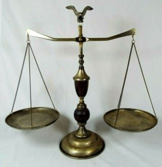 Vintage Brass & Wood Patina Balance Scales Of Justice With Eagle Topper