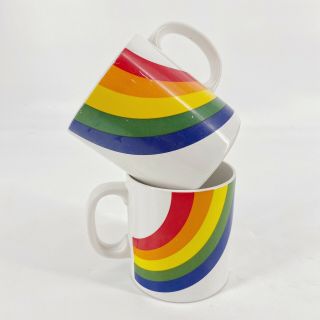 Set Of 2 Vintage Rainbow Coffee Mug By Ftda Ceramic 80s Cup Korea Japan