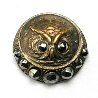 Antique Stamped Brass Button Owl Face W Cut Steel Crescent & Steel Eyes 9/16 "