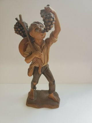 Vintage 54 Anri Wood Carving Statue Figurine Traveling Italian Boy Eating Grapes