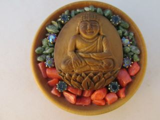 Vegetable Ivory Studio Button - Happy Buddha With Jade And Red Coral Stones