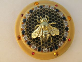 Vegetable Ivory Studio Button - Brass Bee With Rhinestones And Honeycomb