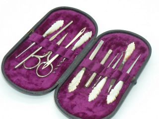 Antique Cased Sewing & Manicure Set Combination Mother Of Pearl Tools Corkscrew