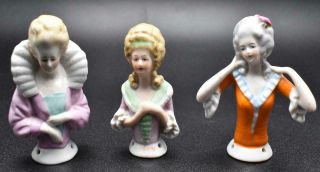 3 Antique German Porcelain Half Dolls Pincushions " 18th Century Costumes "