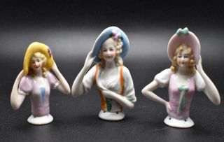3 Antique German Porcelain Half Dolls Pincushions " 19th Century Costumes "