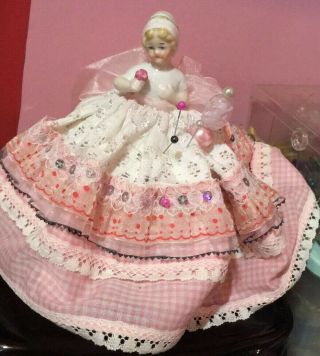 Vintage Porcelain Pin Cushion Half Doll With Dress 15