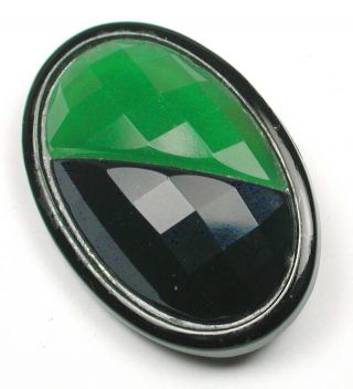 Antique Black Glass Button Oval With Faceted Green & Cobalt Inlay Design 1& 1/4 "