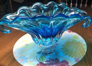 Vintage Large Sapphire Blue Art Glass Vase With Lines
