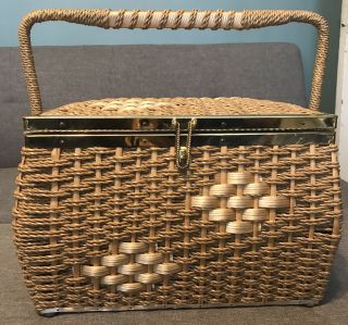 Large Vintage Woven Wicker Sewing Basket,  Made In Japan,  Jc Penney