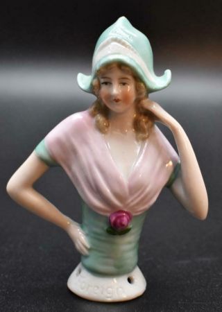Large Antique German Dutch Lady Half Doll Pincushion - Winged Cap - 3 & 3/4 "