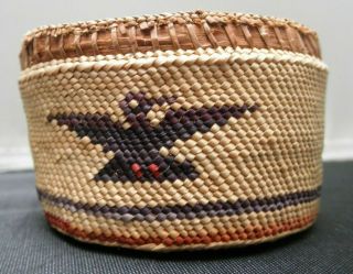 Vintage Miniature Hand Woven Basket Decorated With Eagle