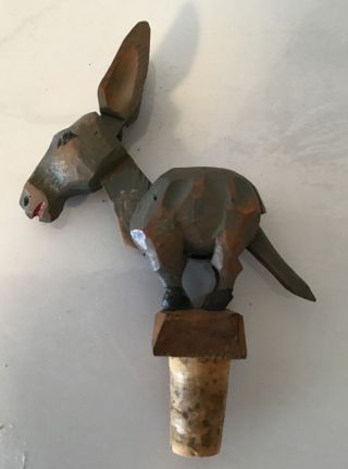 Vintage Anri Hand Carved Wood Bottle Stopper / Cork Mechanical Donkey