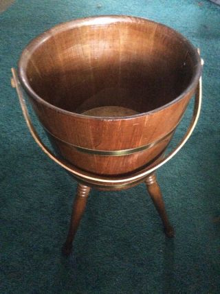 Vintage 1960’s 3 Leg Wood Gold Bands Barrel Plant Stand Sewing Basket Solid