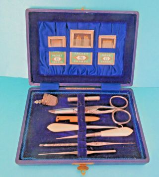Antique Sewing Kit,  Scissors,  Pin Case,  Thimble,  Stiletto,  Button & Crochet Hooks