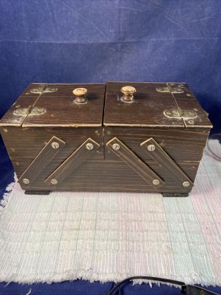 Vintage Accordion Style Wooden Sewing Box Chest With Contents