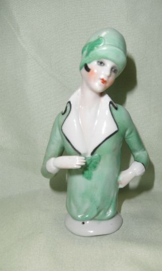Vintage Germany Porcelain Half Doll Flapper,  Green Outfit