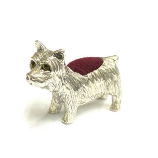 Victorian Style Scotty Dog With Glass Eye Pin Cushion 925 Sterling Silver Sewing