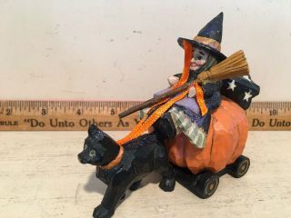 Vintage Midwest Pam Schifferl Halloween Witch On Cart Pulled By Black Cat 5