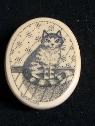Precious Artisan Scrimshaw Button Etched & Inked Sitting Cat Oval,  1 3/16 "