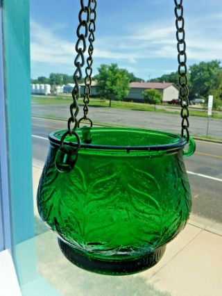 Vintage Emerald Green Glass Hanging Planter Gold Chain Mcm Leaf Pattern Retro