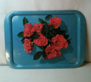 Vtg Mid - Cent Metal Shabby Blue Chic Red Rose Flower Tray Serving