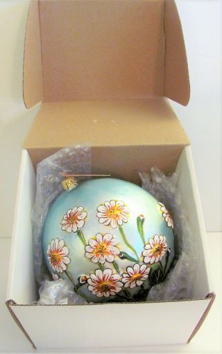 Vtg Slavic Treasures Christmas Ornament Glass Ball Full Bloom Daisies Poland 4 "