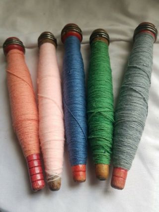 5 Large Antique Wooden Yarn Thread Cotton Wool Spool Spindle Bobbin Wood Loom