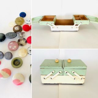 Sewing Basket Sewing Box Wooden Mid Century Knitting 50s 60s 70s Vintage Buttons