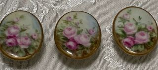 3 Antique Buttons Victorian Signed Hand Painted Roses Porcelain Oval Stud 1x.  75 "