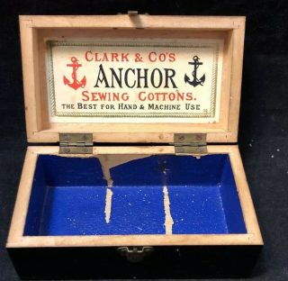 Edwardian Clark & Co Antique Wooden Anchor Cotton Thread Box Sewing