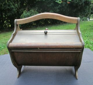 Antique Primitive Wooden Sewing Basket Box Stand With Double Lid Thread Holder