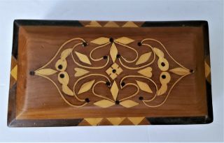 Antique Hand Made Wood Ornate Inlay Rectangular Trinket Box