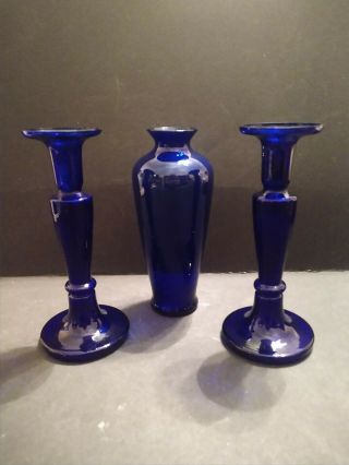 Vintage Cobalt Blue Glass 8.  5 " Taper Candlesticks And 8.  25 " Vase